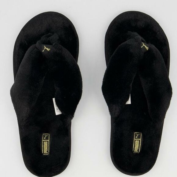 Puma Fluff Flip Slippers Black Team Gold - Picture 4 of 14